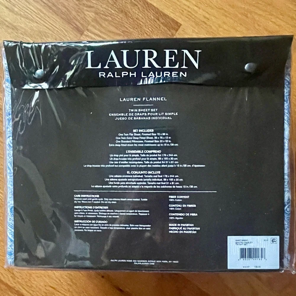 Ralph Lauren Twin Sheet Set 100% Cotton Flannel Bantry Paisley Blue